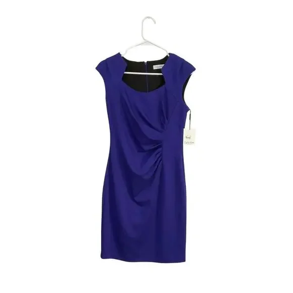 NWT Calvin Klein Blue Byzantine Side Ruched Cap Sleeve Sheath Dress Size 6 Small - Picture 1 of 7